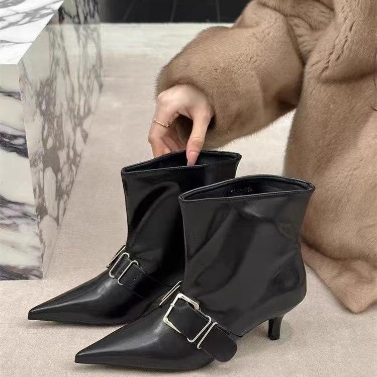 Fashion Best - Selling Black Pointed Toe Kitten Heel Ankle Boots, Women's Metal Buckle Fashion Commute Boots