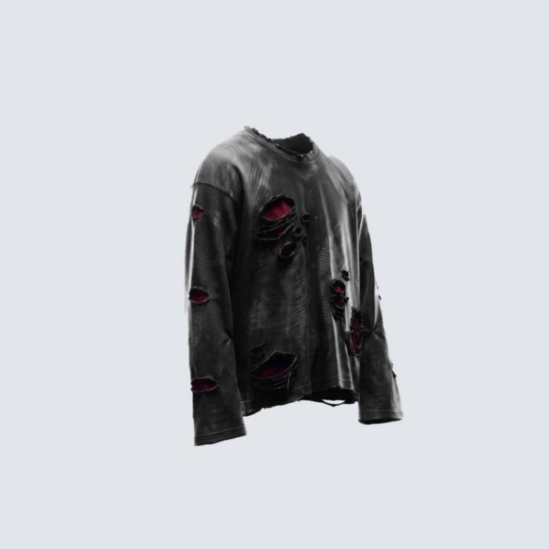 Distressed Oversized Long Sleeve T-Shirt With Raw Edge Holes Dark Alternative Streetwear Base Layer