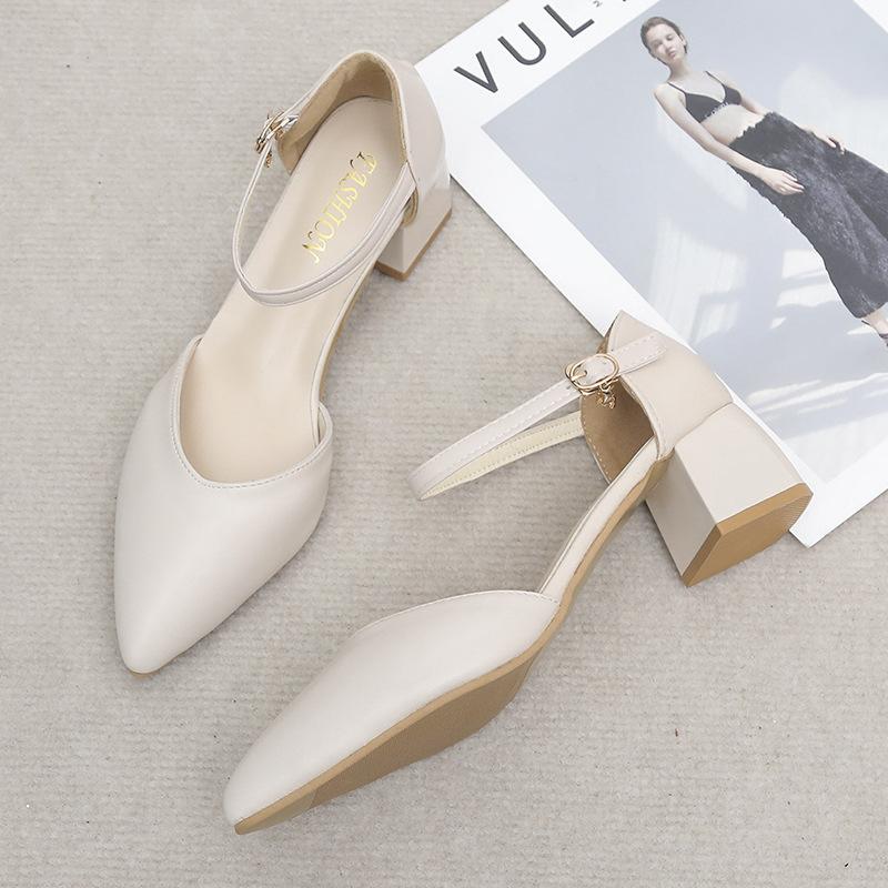 Baotou Sandals Women's 2021 Korean Version of the New Summer Middle Heel One-word Buckle Hollow Thick Heel High Heels Professional Single Shoes