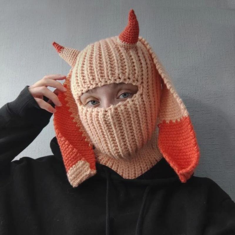 Crochet Halloween Party Funny Style Parent-child Horn Hat Ski Mask Woolen Hat