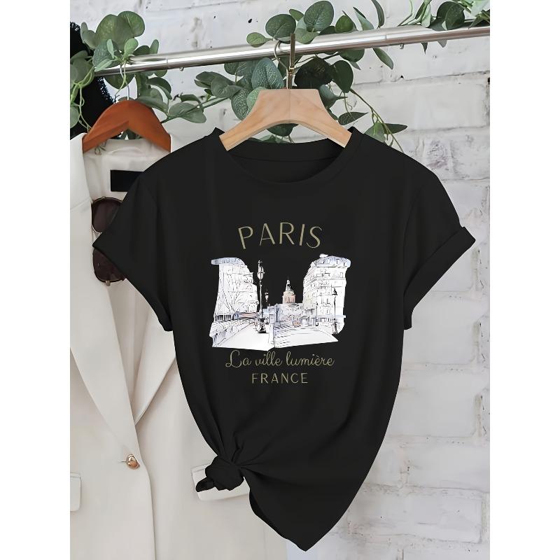 Europäische Größen Elegantes Damenhemd, Weihnachts-Paris-Print-T-Shirt, Lässiges Kurzarm-Top für Frühling und Sommer, Damenmode Rundhals-T-Shirt