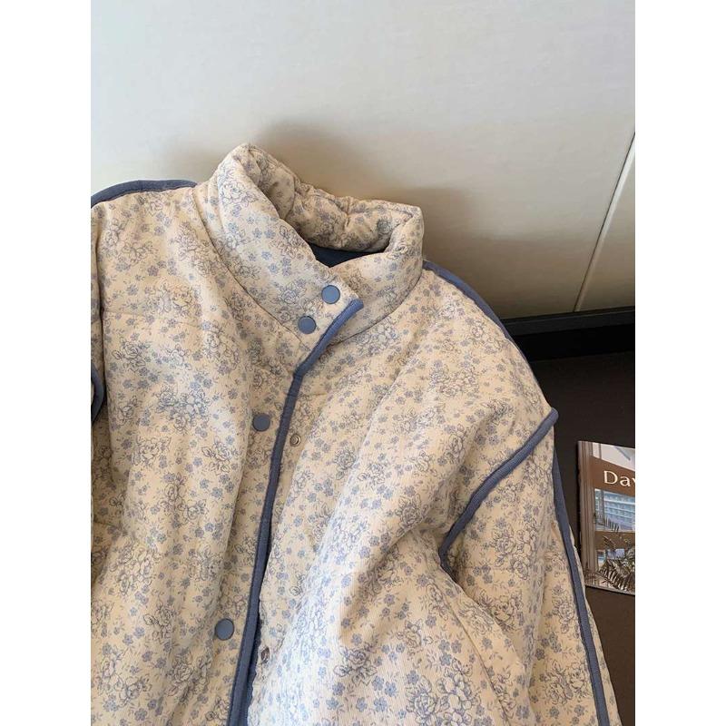 Blue Small Floral Corduroy Splicing Cotton Jacket Women's 2025 Winter New Warm Lazy Top