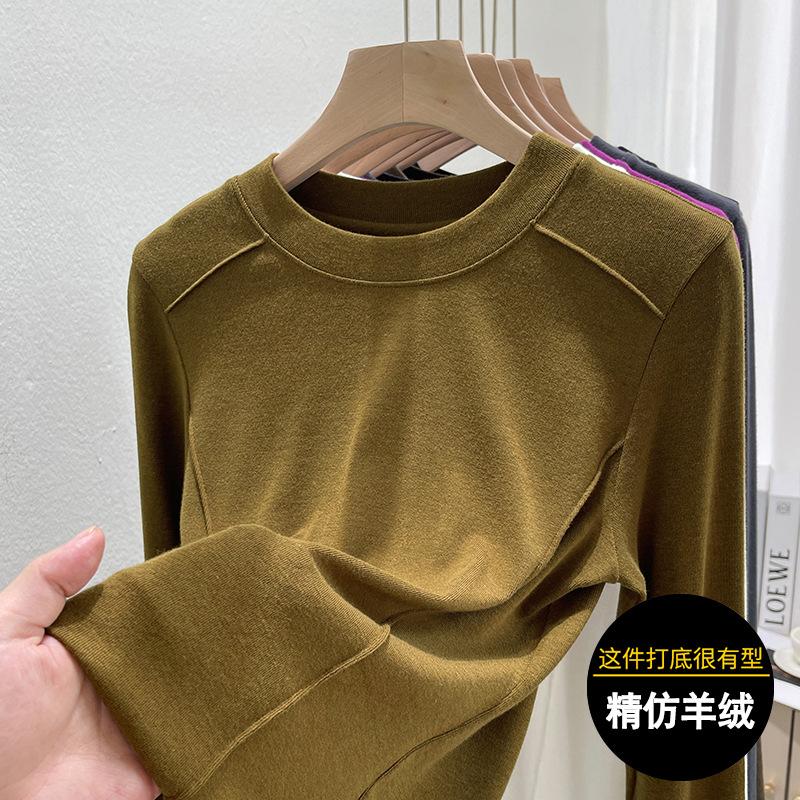 

Autumn and winter new crew neck bottoming shirt for women with velvet warm long-sleeved women s imitation cashmere top XXXL желто-зеленый