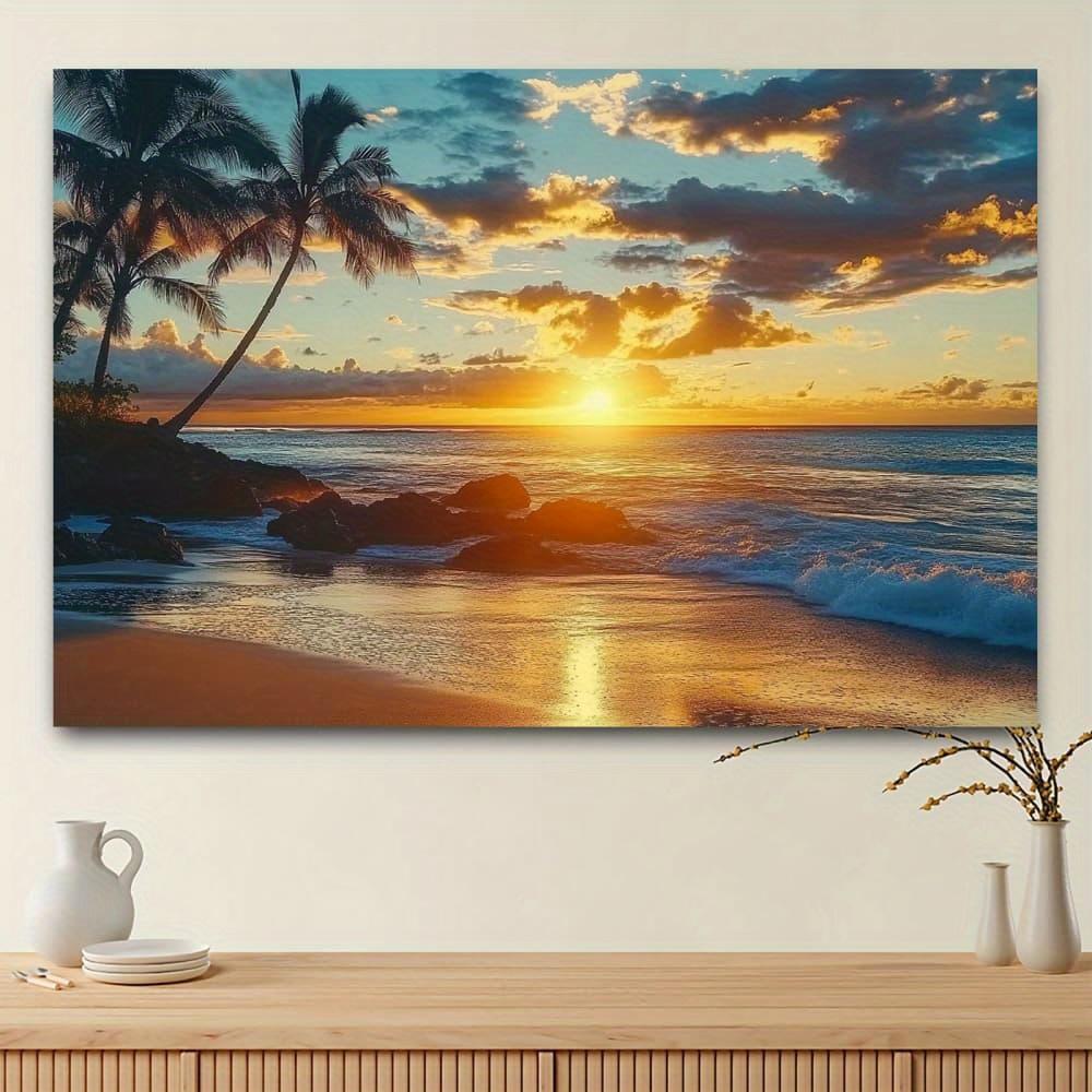 2D Flat Banner, Set of 1, Sunset Beach Scene Tapestry - Colorful Tropical Style Wall Decoration