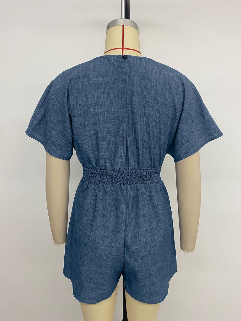 TikTok 2026 Casual V-neck Faux Denim Blue Waist-cinching Jumpsuit