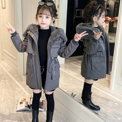 Girls Plush Velvet Fur Collar Coats Children's Winter Warm Hooded Outerwear Teenager Padded Parka