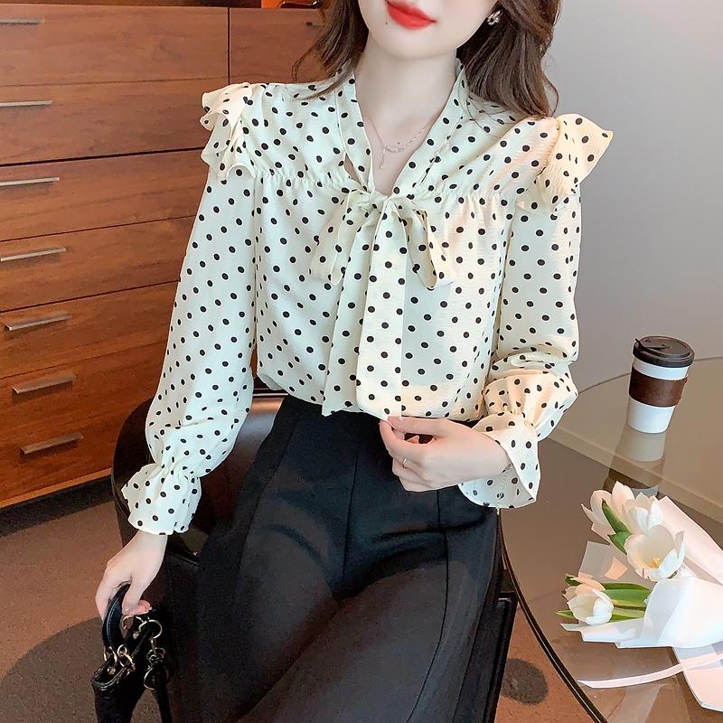 Fashion New 2024 Autumn Long Sleeve Bow Collar Casual Ruffles Dot Chiffon Blouse Shirt Women Tops Blouses Shirts J565
