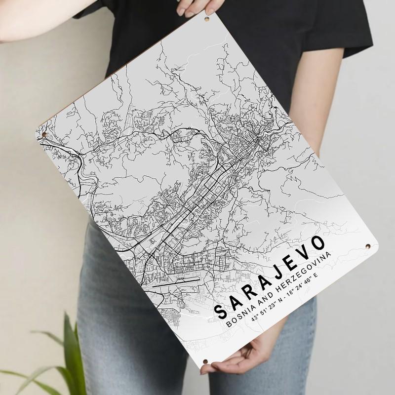 

Карта города Сараево Металлическое настенное искусство Босния и Герцеговина Декор для дома Винтажный стиль Железная живопись 20x30cm（7.8x11.8inch）