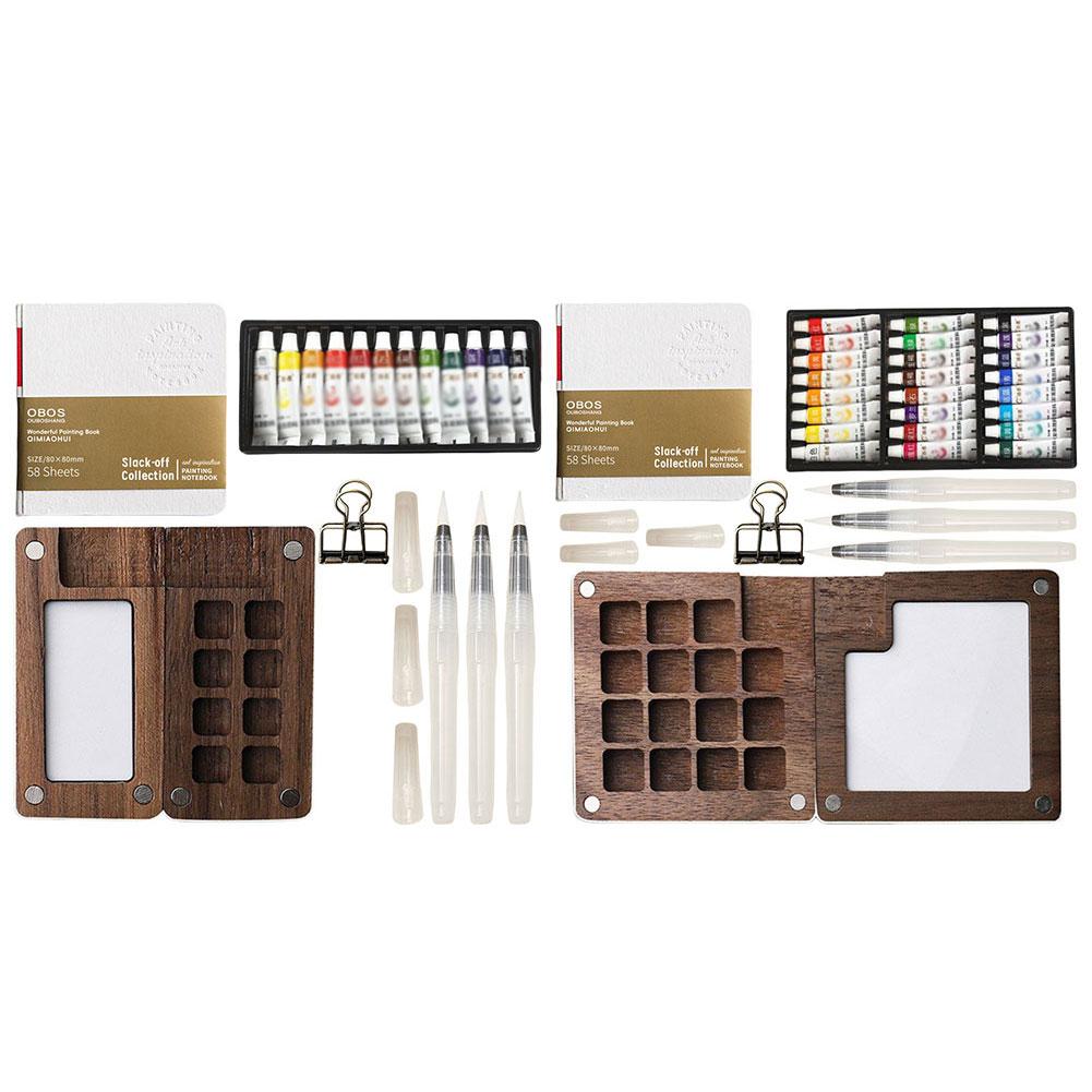 Travel Paint Palette Mini Watercolor Palette Set with Clip Portable Watercolor Set Wooden Grid Paint Box for Watercolor Painting
