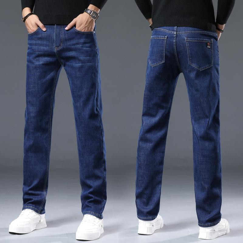 Winter Fleece-Lined Thickened Denim Trousers for Men Loose Straight-Leg Stretch Trousers New Arrival Warm Long Trousers