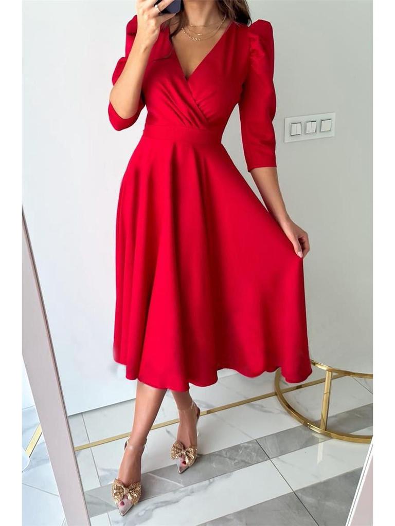 V-Neck Puff Sleeve Swing Dress with Gathered Waist