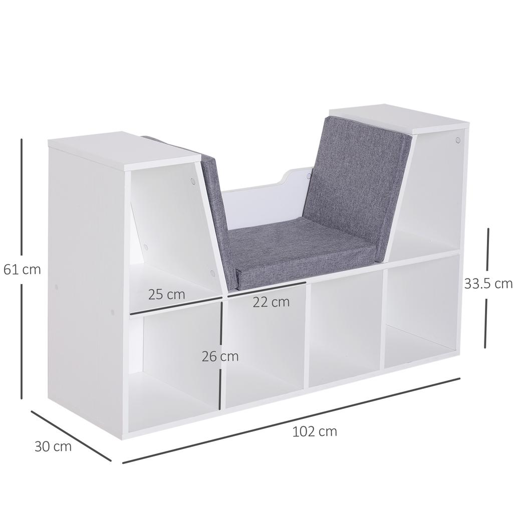Bookcase Storage Shelf with Cushioned Reading Seat, Cube Bookshelf Organizer for Bedroom Living Room, White