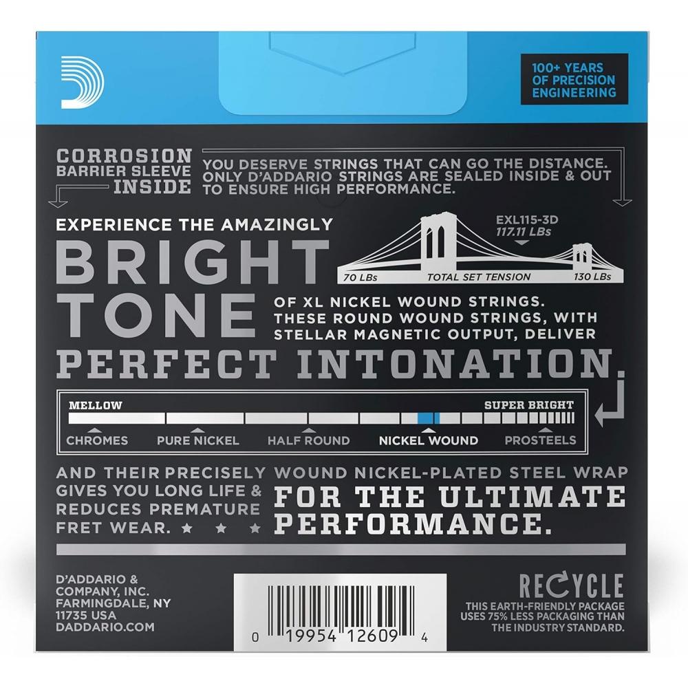D aDDario Electric Guitar Strings Xl Nickel .011 .049 eXl115 3D 3 Sets
