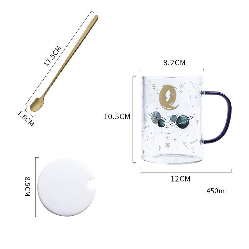 450ML Colour Glass mug Water cup Printing Starry Sky Coffee Mug with spoon lid Breakfast Milk Cup Children's Gift