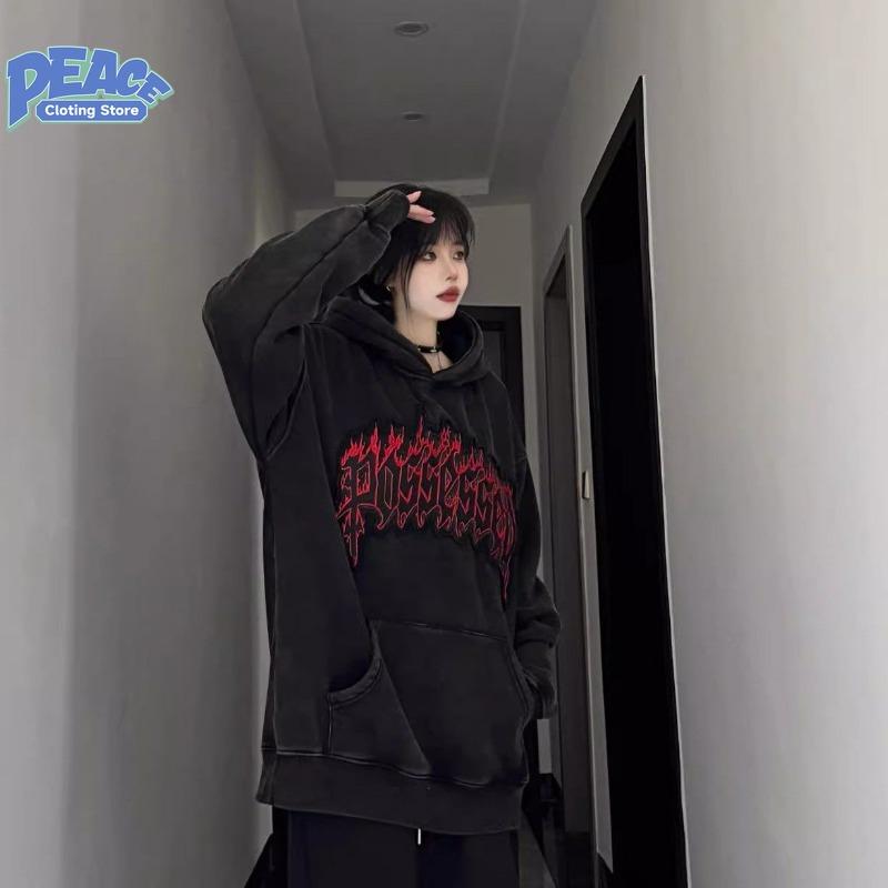 Retro Flame Letter Printed Hooded Sweatshirt for Men and Women Autumn and Winter Fashion Trend Casual Comfy Thick Top Streetwear