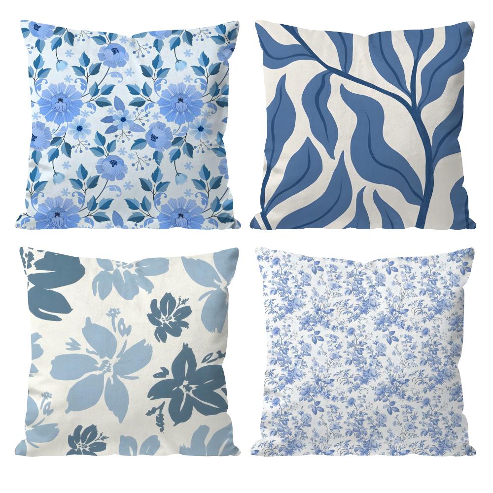 Elegant Blue Floral Cushion Cover Pattern Printed Pillowcase for Living Room Sofa Cushion Cover & Bedroom Decor