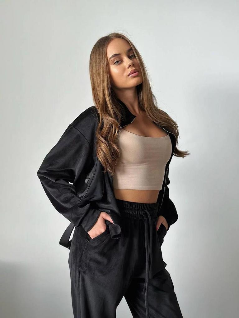 Europejski i Amerykański Jesienny Zestaw Dwuczęściowy z Aksamitu Zapinany na Zamek: Bluzka z długim rękawem, elastyczną talią i spodnie z mankietami z kieszeniami dla kobiet