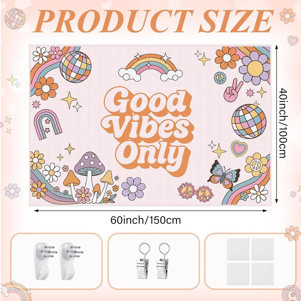 Groovy "Good Vibes Only" Tapestry, Calming Wall Art with Retro Flowers, Mushrooms & Disco Balls, Ideal for Home & Teen Spaces