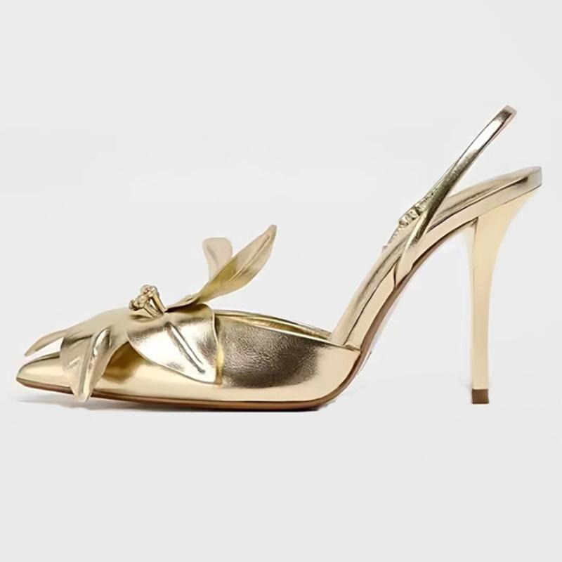 Luxury Gold Flowers Decorated Designer Heels for Women Elegant Pointed Toe Slingback Stiletto Sandals Fashion Party Dress Shoes