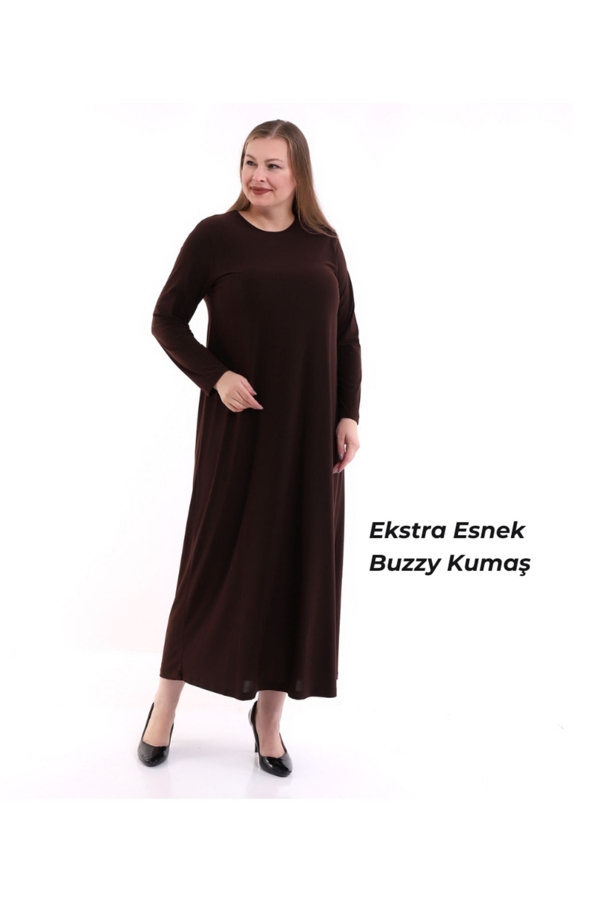 

Women s Big Size Dress Brown Crew Neck Super Stretchy Long Dress