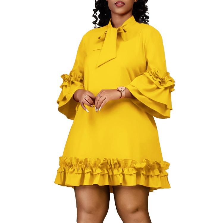 Plus Size Womens Dresses Spring Summer Casual Loose Ruffle Sleeve Tie Solid Color