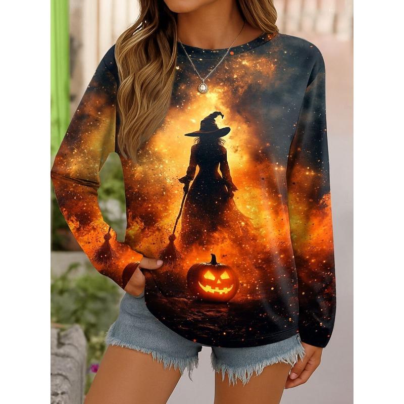 

Women Casual Long Sleeve Tops Halloween Theme Witch Graphic Tee Shirts Blouse Crewneck Fall Winter Streetwear Style y2k Pullover S