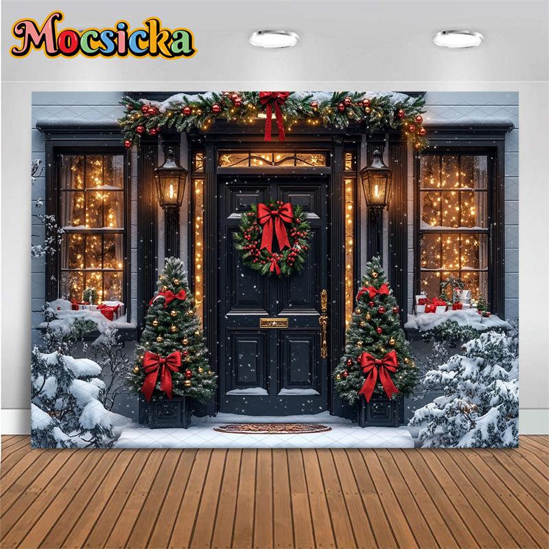 Mocsicka New Year Party Backgrounds Christmas Tree Winter Snowflake Black Door Decorations Family Festival Photography Backdrops