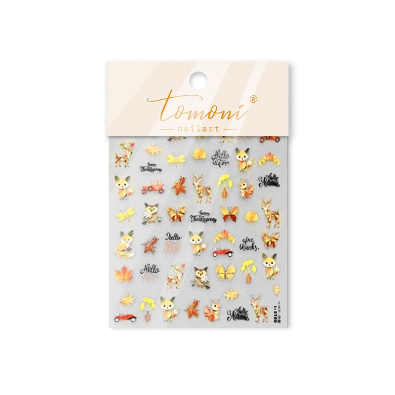 Tomoni Embossed Autumn Nail Stickers - Red Maple Leaf Retro DIY Nail Art Mix