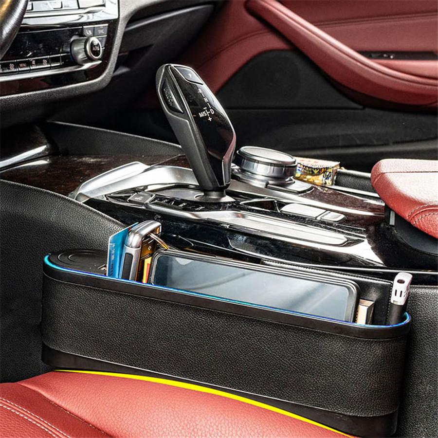 Left+Right PU Leather Car Seat Gap Storage Box w/ Blue Ambient Light USB Charger