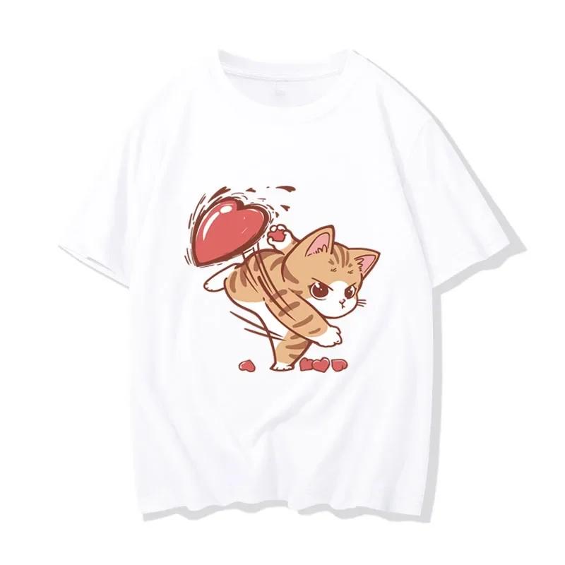 Interesting Cat Love Print T-shirts for Couple Matching Stuff  Men Women Casual Loose Short Sleeve Tshirt Top Women Clothes