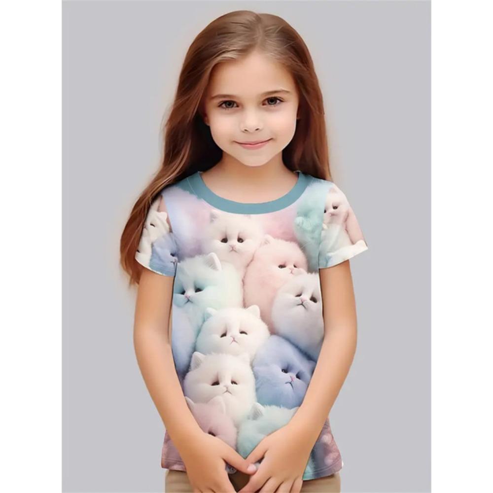 Roupa de Menina 2025 Gato de Desenho Animado Animal Fofo Estampa 3D Moda Casual Camisetas Engraçadas Camisetas de Menina Top de Verão de Manga Curta