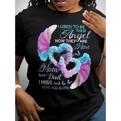 Damen Casual Kurzarm Rundhals T-Shirt Engel Flügel Buchstaben Drucke Oberteil
