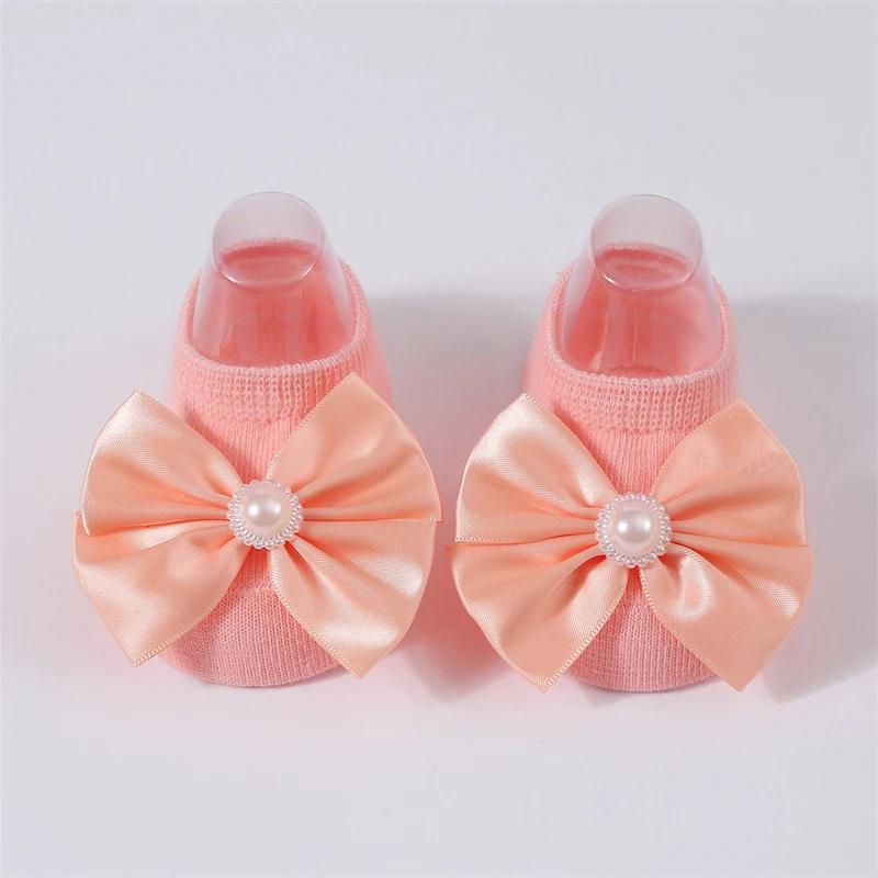 Baby Pearl Bow Solid Color Floor Socks Newborn Infant Knitted Breathable Socks Sweet Cute Girls Princess Children Birthday Gifts
