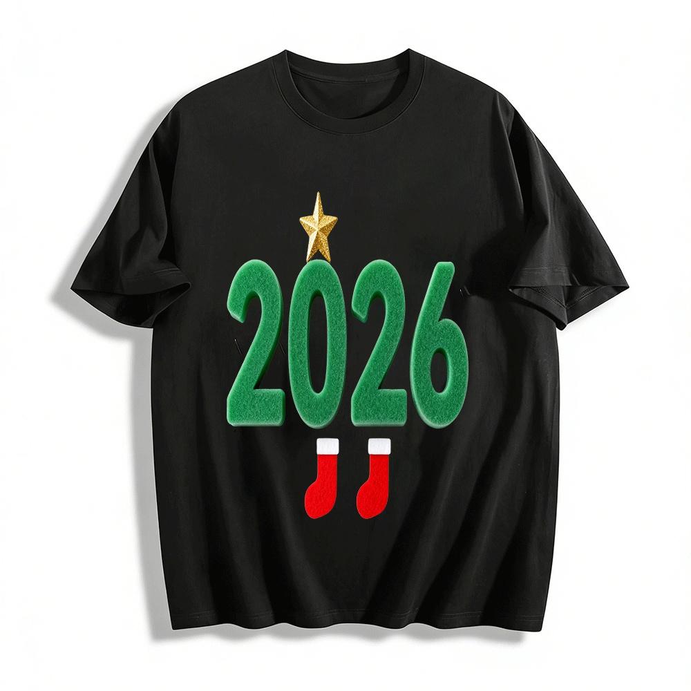 2026 Christmas Themed Flocked Number Print Casual Top Pure cotton T-shirt XXS