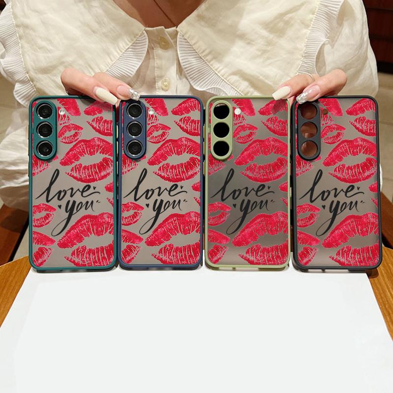 Rote Lippen Muster Slim Stoßfest Matte Hülle Für Samsung S25 Ultra S24 FE S23 S22 A16 A56 A55 A36 A26 A15 A35 Linsenschutz Transparente Handyhülle