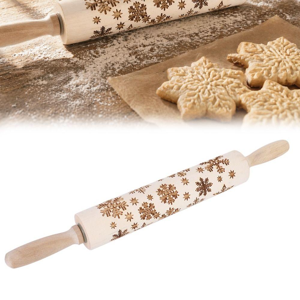 Wooden Embossed Rolling Pin Snowflake Pattern Cookie Rolling Pin Kitchen Decor