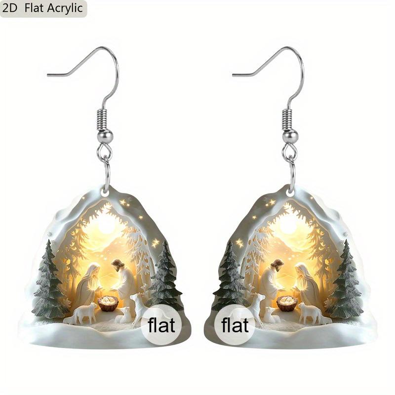 2D Flat Christmas Earrings White Nativity Scene Pattern Acrylic Pendant Earrings Christmas Accessories Gifts