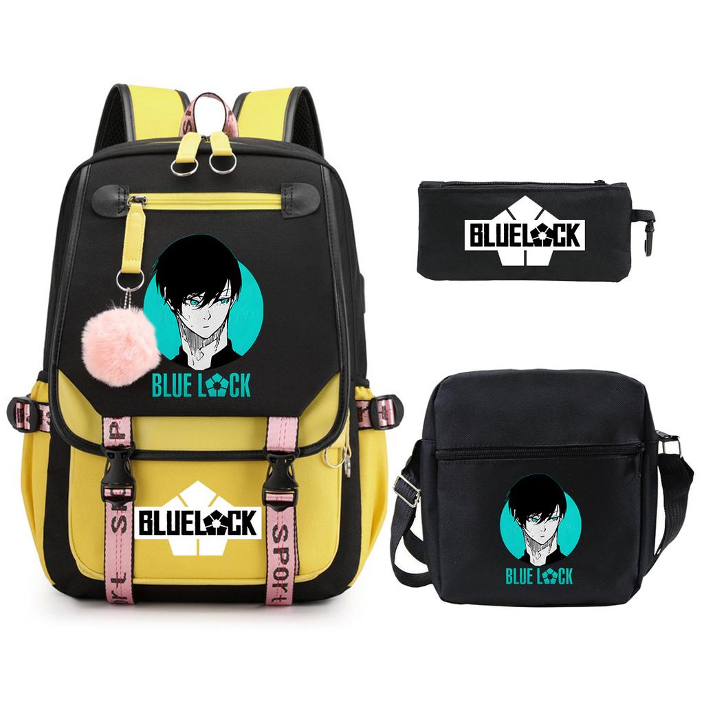 Blue Prison Student School Bag Large Capacity Children'S Shoulder Bag Casual Pencil Bag Set