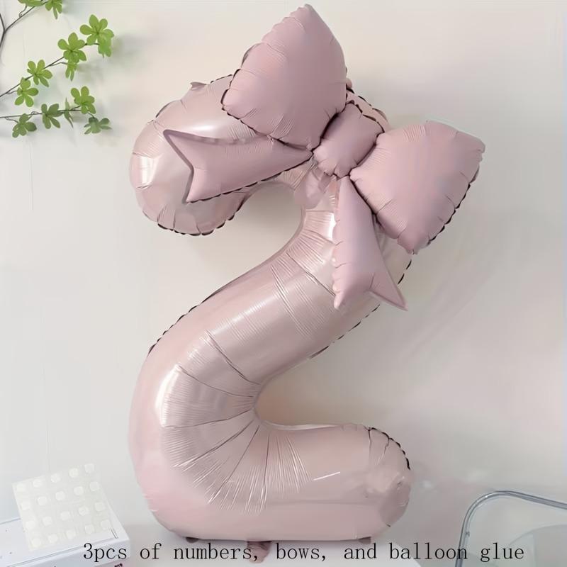 Complete Party Decor Set 3pcs - Light Pink Number Balloon, Bow & Stickers for Birthday, Anniversary & Festival Backdrop