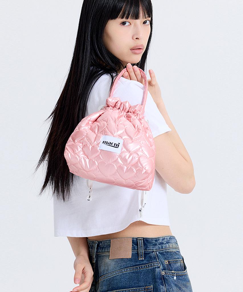 Macni Heart Quilting String Pouch Bag Pink