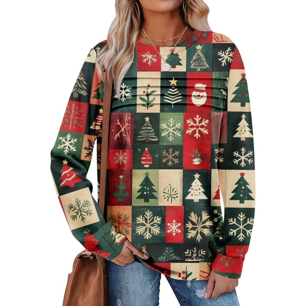 Women's Casual Long Sleeve  Round Neck Sweatshirt Fit Pleated Top