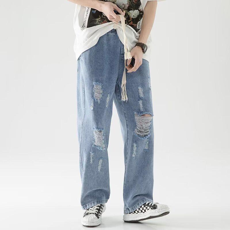 

2024 Лето Мужские Джинсы Свободного Кроя Рваные Эластичная Талия - Гонконгский Стиль Корейское Влияние 3X-Large синий