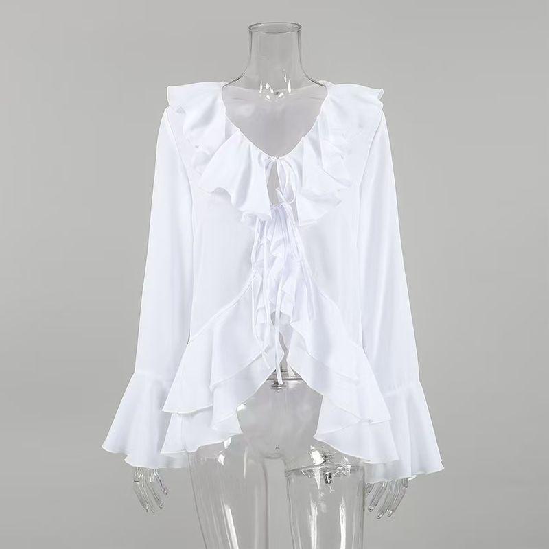 

Fashion Fashion Chiffon V-neck Flared Sleeves Ruffles Long Sleeves Shirt Chiffon Lotus Leaf Shirt White L