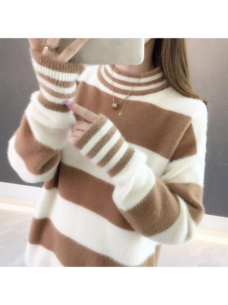 Autumn and Winter Imitation Mink Semi-turtleneck Velvet Thickened Warm Pullover Sweater Women's Loose Striped Bottoming Shirt