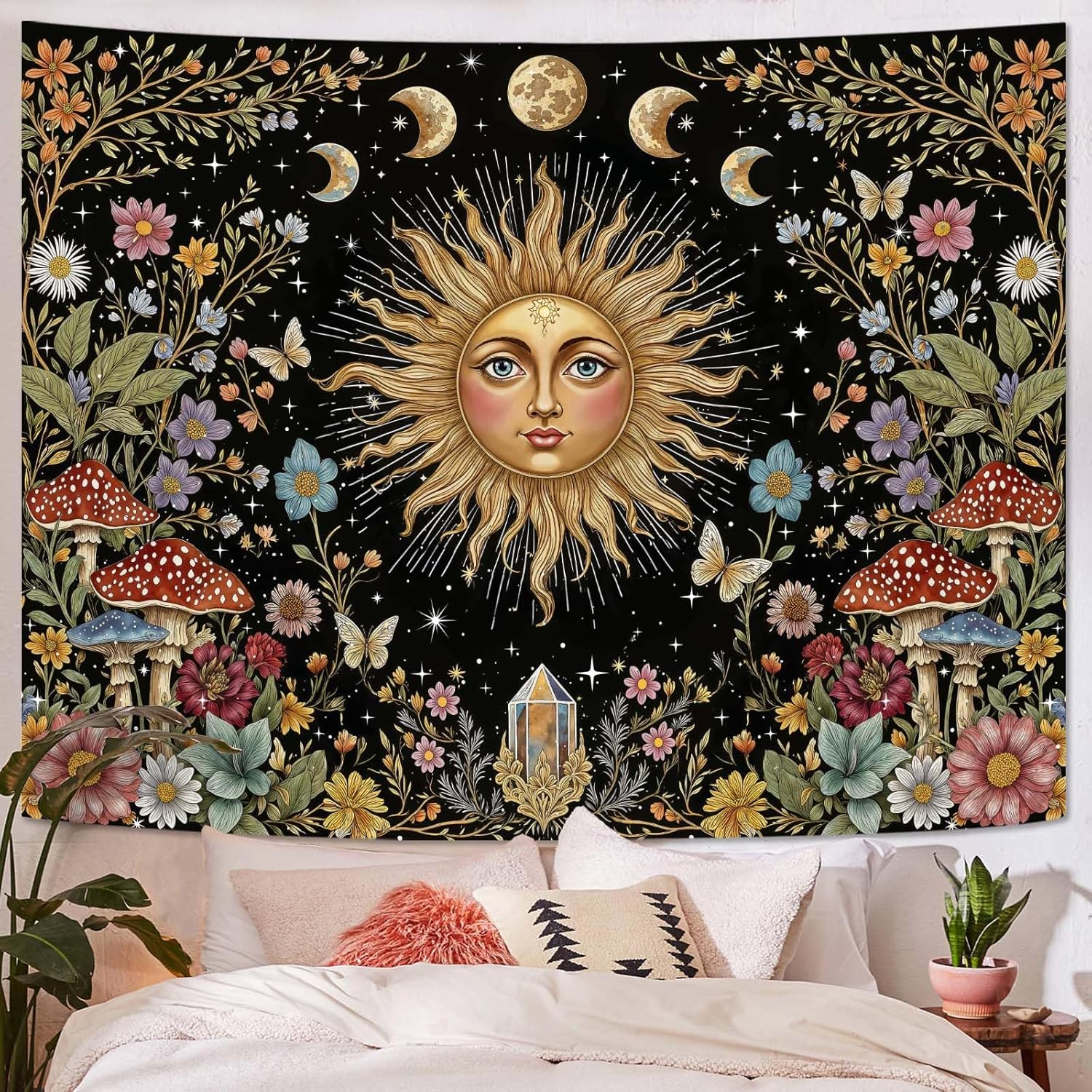 

VIKAMA Butterfly Flower Moon Decorative Tapestry Bedroom Living Room Dorm Wall Decor Tapestry Room Decor 74x94cm(29x37in)