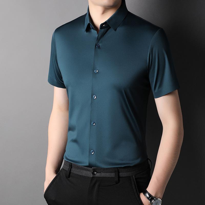 Summer Ice Silk No-iron Short-sleeved Shirt Men's Seamless Breathable Quick-drying Shirt Men's Elastic Half-sleeved Business Men's Clothing