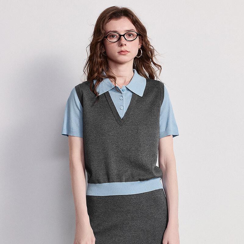 Chuyu Women's Lyocell Color-Block Faux Two-Piece Knit Top