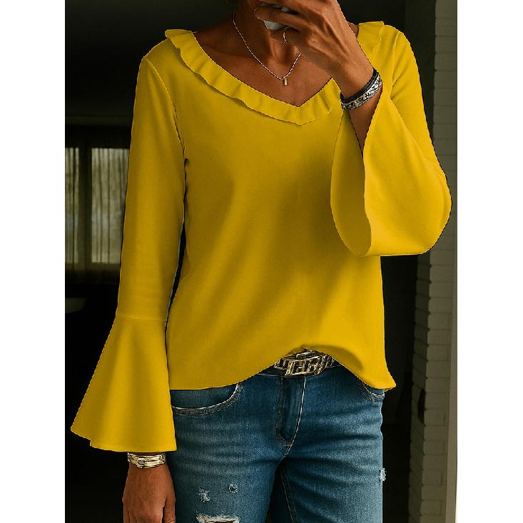 2026 New Women's Casual Long Sleeve V-Neck Bell Sleeve Solid Color Top T-Shirt