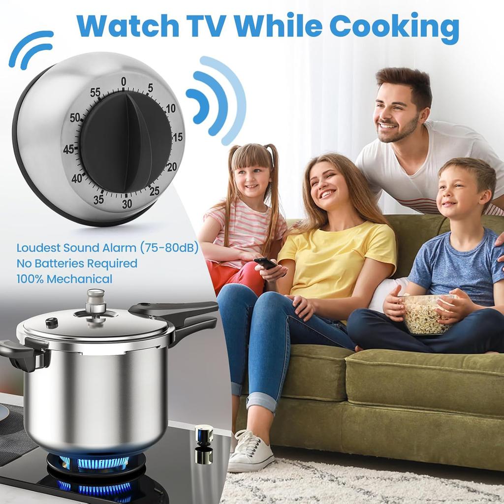 Stainless Steel Kitchen Timer 60 Minute Wind Up Black Round Shape for Cooking Baking Study Nursing Reminder No Battery Required