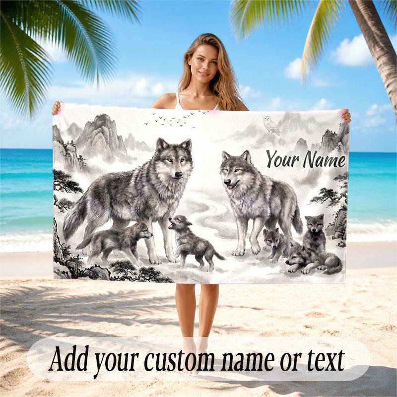 Wolf Theme Beach Towel Personalized Custom Name & Text Soft Quick Dry Beach Towel for Swimming Travel